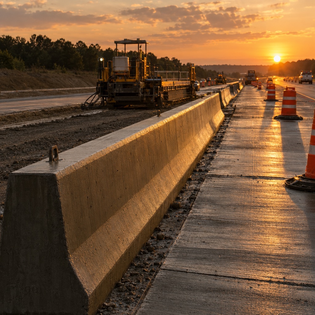 Freshly slip-formed concrete highway barrier