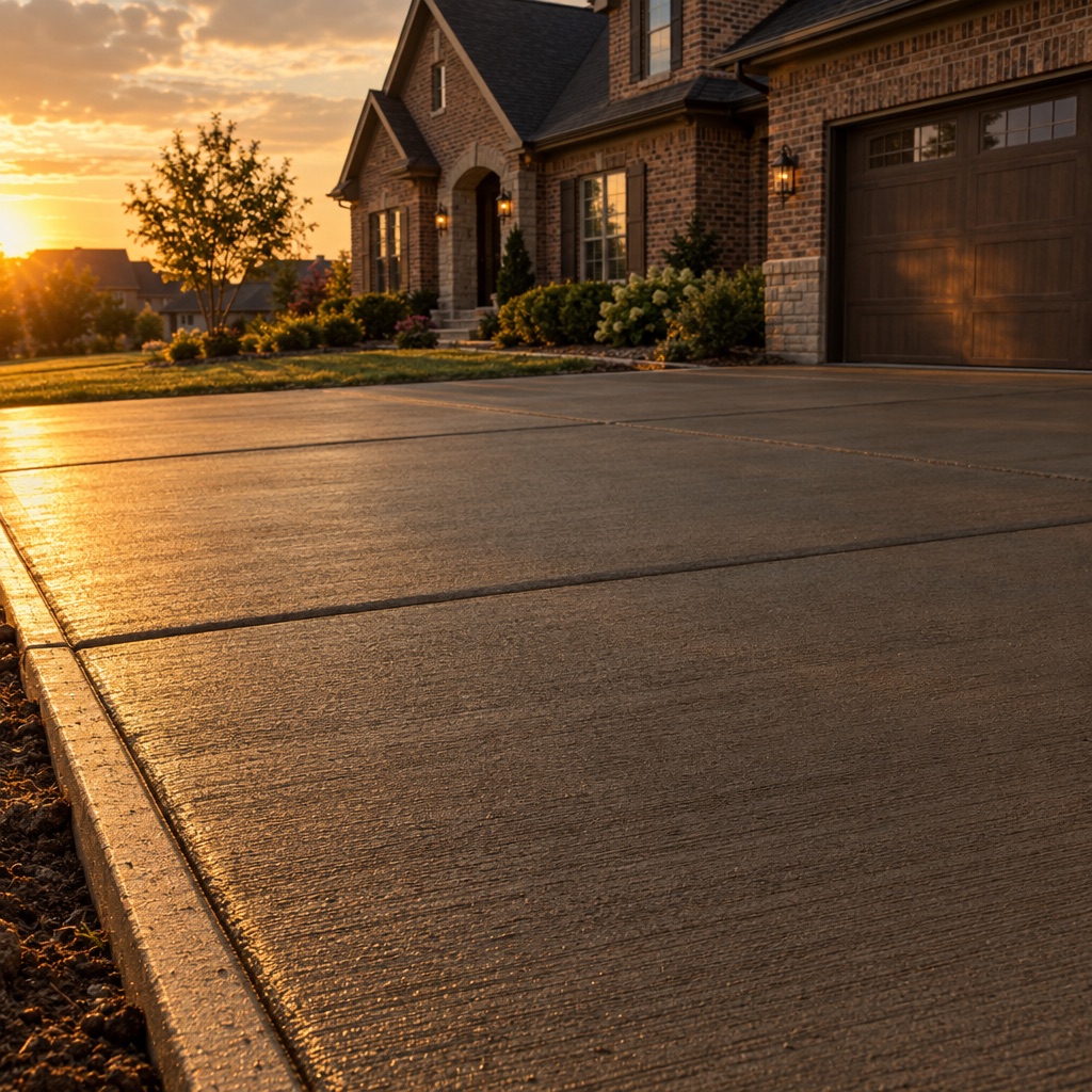 Freshly finished residential driveway with a broom finish